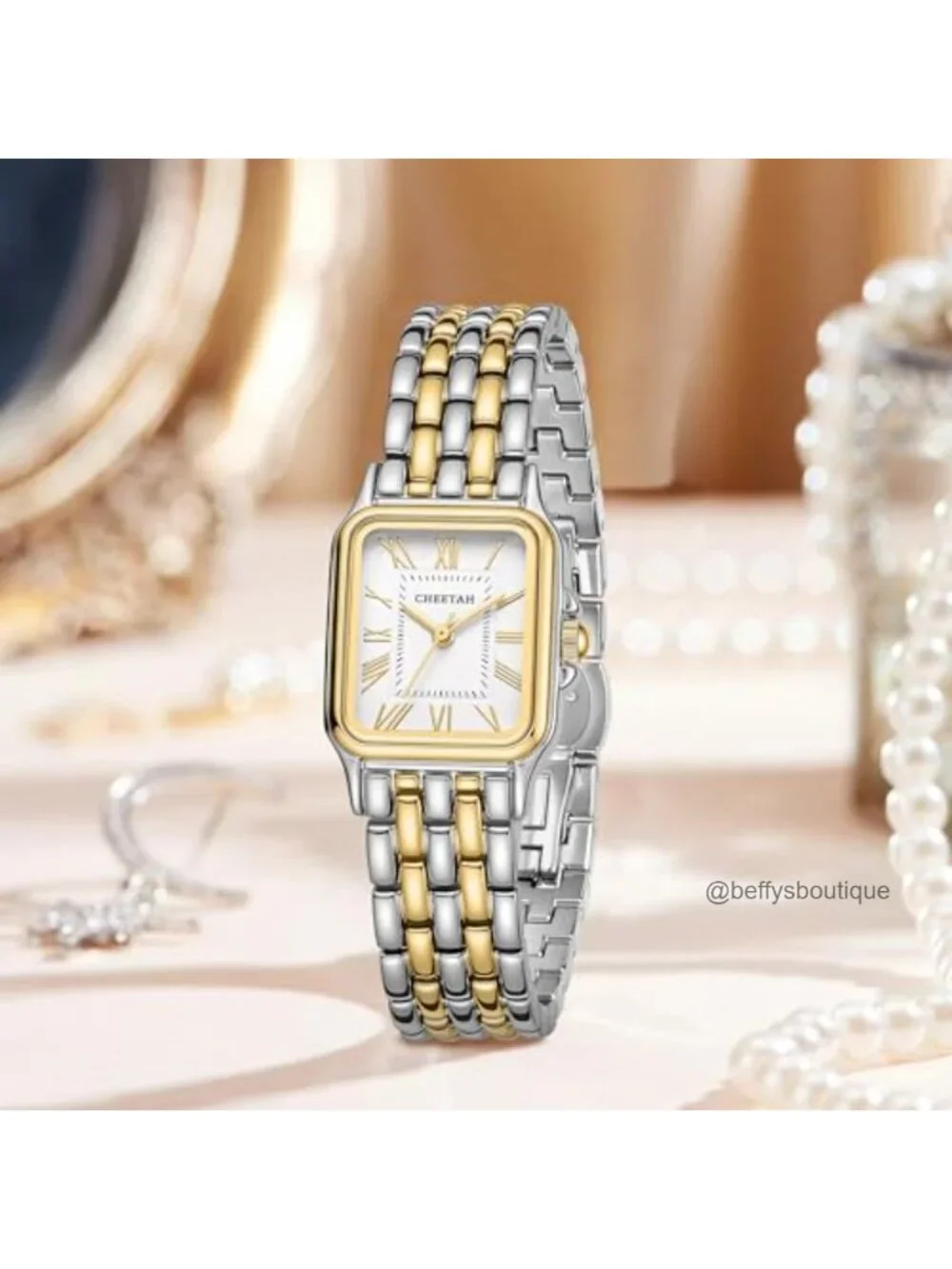 Vintage Rectangular Gold-Silver Stainless Steel Watch for Women with Roman